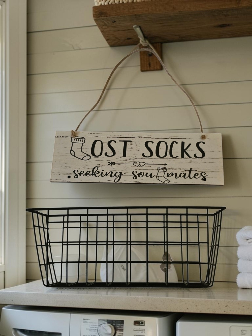 Lost Socks Seeking Soulmates Rustic Cream Wall Sign & Hanging Basket
